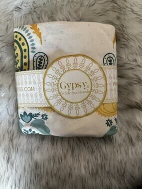 Gypsy 05 Boho Beach Roundie Round Beach Blanket Paisley White Teal Yellow